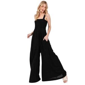 C&C California Black Smocked Bodice ultra Wide Leg Jumpsuit Women’s M neutral